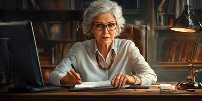 Mature woman with glasses writing at a desk in a cozy library setting during daylight hours photo