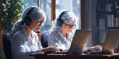 Two women working on laptops wearing headsets in a modern office with natural light during daytime photo