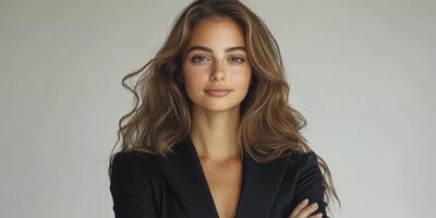 Confident young woman posing with crossed arms in a stylish dark blazer against a neutral backdrop photo