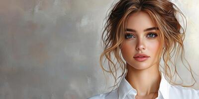Young woman with soft features and flowing hair poses in front of a neutral background showcasing natural beauty photo