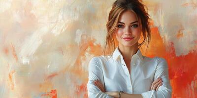 Portrait of a smiling woman in a white shirt against a colorful abstract background during daytime photo
