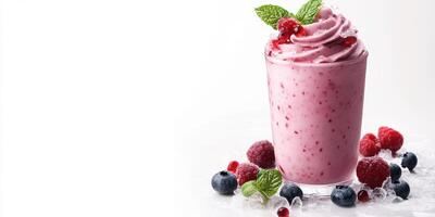 Refreshing berry smoothie topped with mint leaves and surrounded by fresh fruits and ice photo