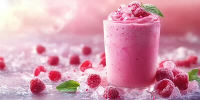 Refreshing raspberry smoothie with mint served on ice in a bright setting photo