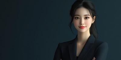 Professional woman in formal attire poses confidently against a dark background in a studio setting during daylight photo