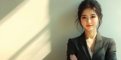 Confident woman in formal attire poses by a well-lit wall during daytime in an office setting photo