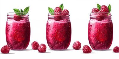 Colorful raspberry smoothie jars placed on a white surface alongside fresh berries showing vibrant textures photo