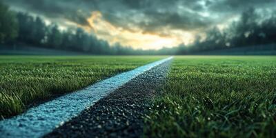 Grass field with a clear line under a dramatic sky at sunset near a sports venue photo