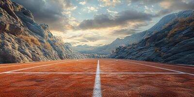 Basketball court set against a dramatic mountain landscape at dusk with vibrant skies and textured ground photo