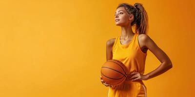 Young athlete wearing yellow sports attire holds a basketball in a studio against a bright yellow background photo