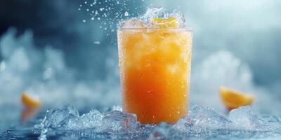 Refreshing citrus beverage served over ice in a summer setting with a splash effect photo