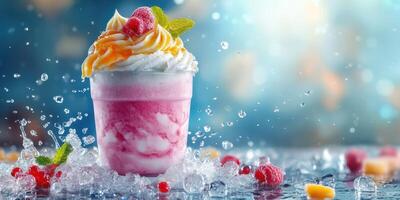 Refreshing colorful dessert treat with whipped cream and fruits on a summer day photo