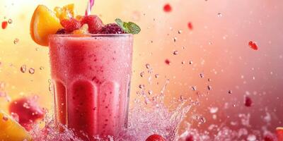 Refreshing summer smoothie bursting with fruits and splashes against a colorful background photo