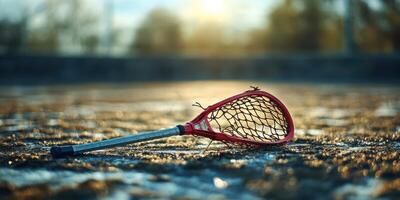 Lacrosse stick resting on the ground during sunset highlighting the nuances of the sport and its surroundings photo