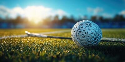 Lacrosse ball resting on the field as the sun begins to set, highlighting the details of the sport and equipment photo