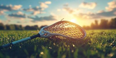 Lacrosse stick resting on grass during sunset in a serene outdoor setting photo
