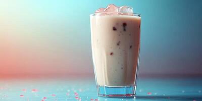 Refreshing iced beverage served in a glass with ice cubes on a vibrant pastel background photo