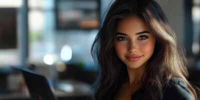 Young woman smiles confidently while working in a modern office environment during the afternoon photo