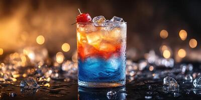 Colorful layered cocktail with ice and cherry on top, served in a dimly lit bar setting during evening hours photo