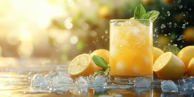 Refreshing citrus drink garnished with mint and accompanied by lemons on a sunny day photo