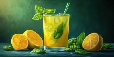 Refreshing citrus drink with basil leaves served in a glass on a dark background photo