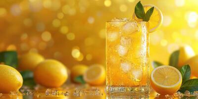 Refreshing lemonade with ice and lemon slices set against a vibrant yellow background in a sunny atmosphere photo