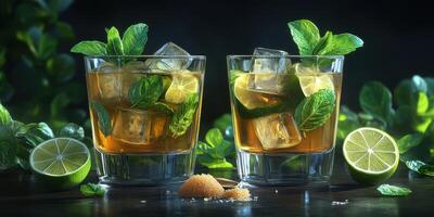Minty refreshing cocktails served with lime and sugar in a vibrant green setting photo
