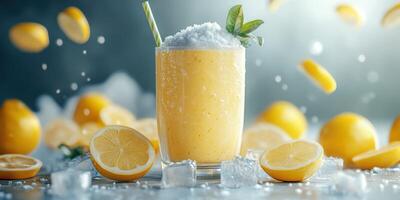 Refreshing lemonade drink with ice and lemon slices on a bright surface during summer photo
