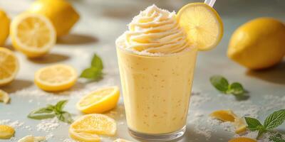 Refreshing lemon shake topped with whipped cream on a bright countertop surrounded by fresh lemons and mint leaves photo