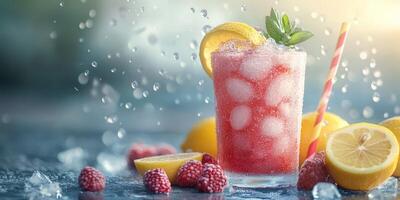 Refreshing raspberry lemonade drink with ice and lemon slices on a bright summer day photo