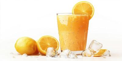 Refreshing citrus drink with ice and fresh lemons on a bright background photo