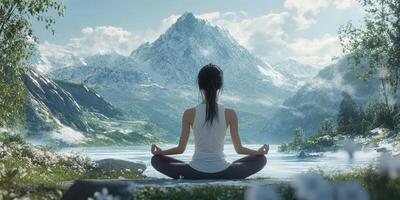 Meditation practice by a serene lake with mountains in the background during daylight photo