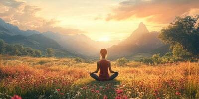 Serene sunset meditation in a mountain meadow surrounded by wildflowers and tranquil nature photo