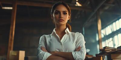 Confident woman standing in an industrial space while crossing arms and expressing determination photo