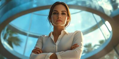 Confident woman standing under a modern glass dome in a sunlit environment with a relaxed yet powerful presence photo