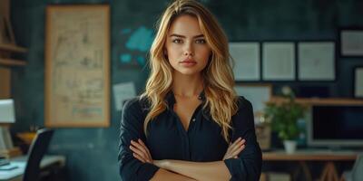 Confident young woman with arms crossed in a modern office space during daytime photo