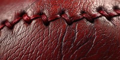 Close-up of a textured football showcasing detailed stitching and worn leather characteristics during daytime photo