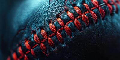 Close-up view of a baseball showcasing intricate stitching and texture in vibrant colors during late afternoon light photo
