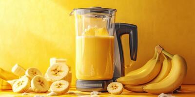 Bright and nutritious banana smoothie preparation with fresh bananas and a blender on a yellow background photo