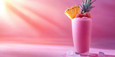Refreshing tropical smoothie with pineapple and raspberries served in a tall glass with ice photo