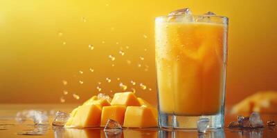 Fresh mango juice served in a clear glass with ice and mango cubes on a bright yellow background photo