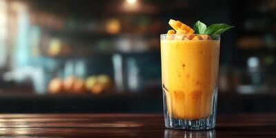 Fresh mango smoothie served in a clear glass with mint leaves on a rustic wooden bar at a cozy cafe in the afternoon photo