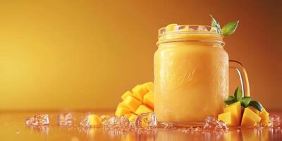 Refreshing mango smoothie served in a mason jar with ice cubes and fresh fruit against a warm yellow background photo
