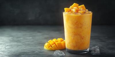 Refreshing mango smoothie served with fresh mango pieces on a dark countertop photo