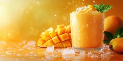 Fresh mango smoothie with ice and mint garnishing on a vibrant orange background photo