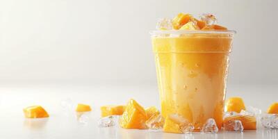 Refreshing mango smoothie in a clear cup surrounded by ice cubes and fresh mango pieces on a white surface photo