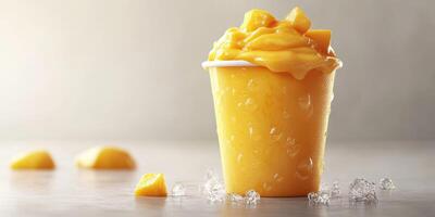 Creamy mango dessert topped with fresh fruit in a cold cup with ice on a smooth surface photo