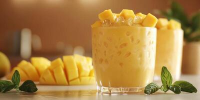 Refreshing mango smoothie served with fresh fruit garnished with mint leaves for a tropical experience photo