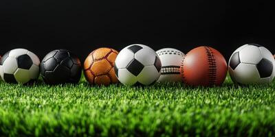 Collection of various sports balls displayed on artificial grass in a studio setting during daylight photo