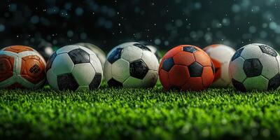 Colorful selection of soccer balls lined up on a field during a rainy evening under soft lighting conditions photo