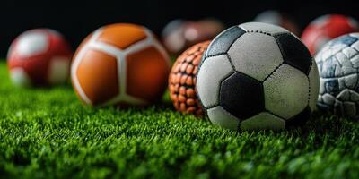 Various soccer balls arranged on artificial grass with a dark background highlighting their textures and colors photo